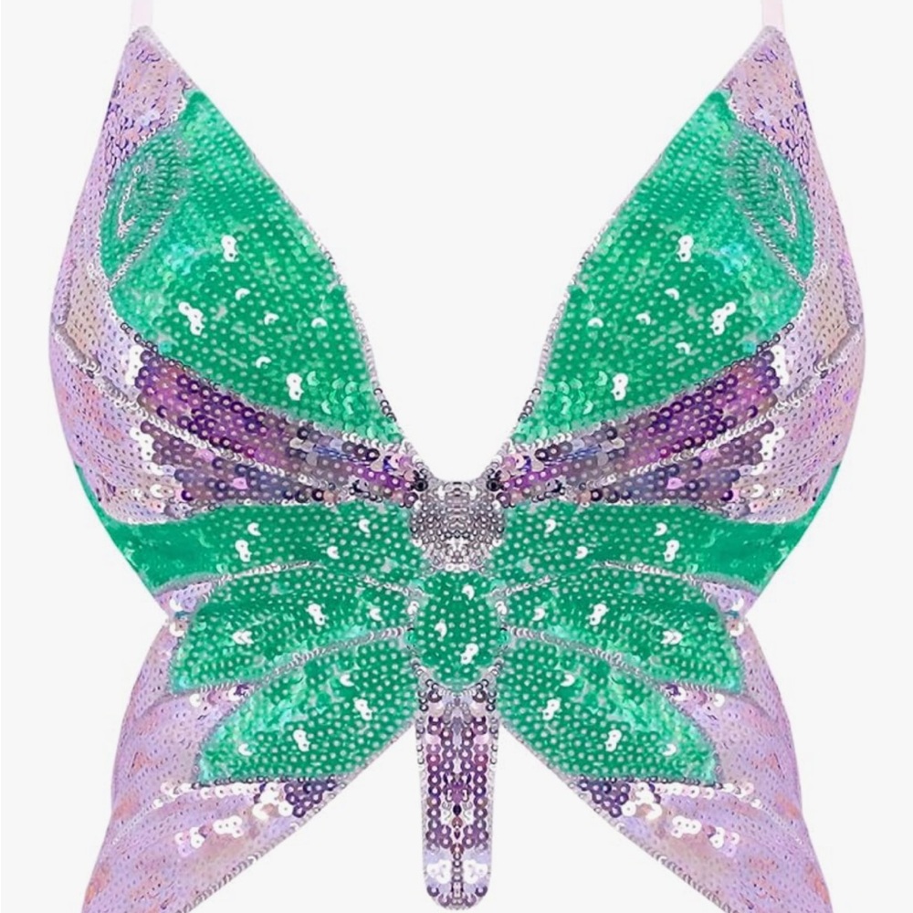 Amazon Sequin Butterfly Crop Top - Green and Purple